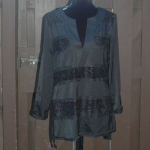 BCBG Max Azria M Black Silk & Lace Sheer Tunic Blouse NEW